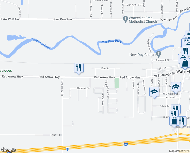 map of restaurants, bars, coffee shops, grocery stores, and more near 7507 Chestnut Street in Watervliet