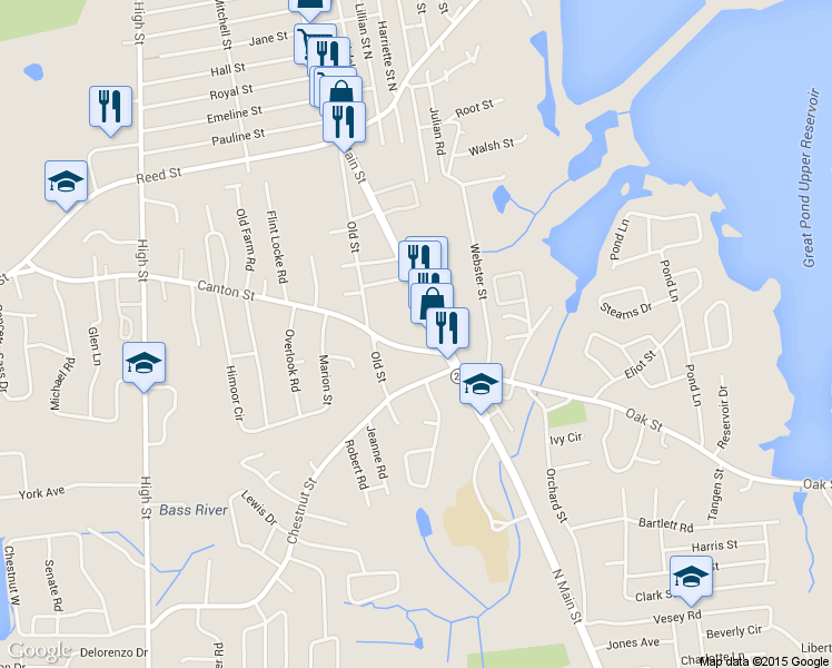 map of restaurants, bars, coffee shops, grocery stores, and more near 892 North Main Street in Randolph