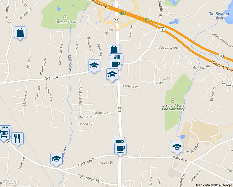 map of restaurants, bars, coffee shops, grocery stores, and more near 589 Main Street in Weymouth