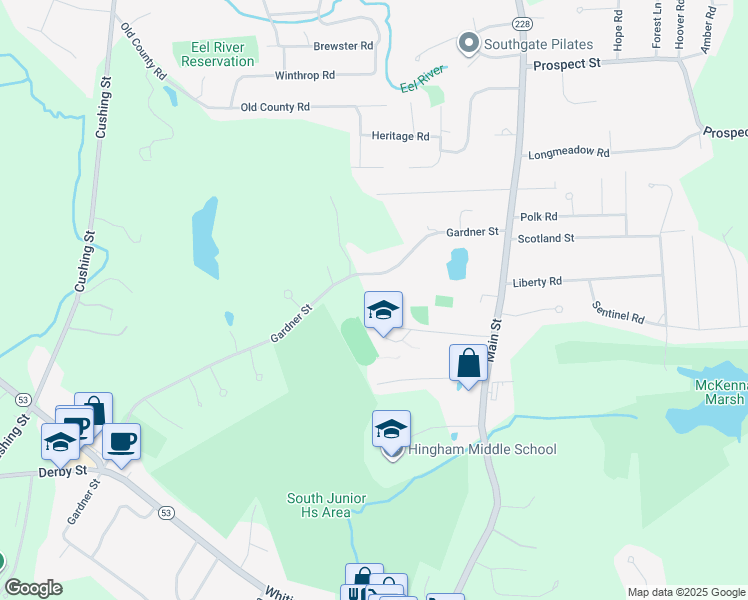 map of restaurants, bars, coffee shops, grocery stores, and more near 70 Gardner Street in Hingham
