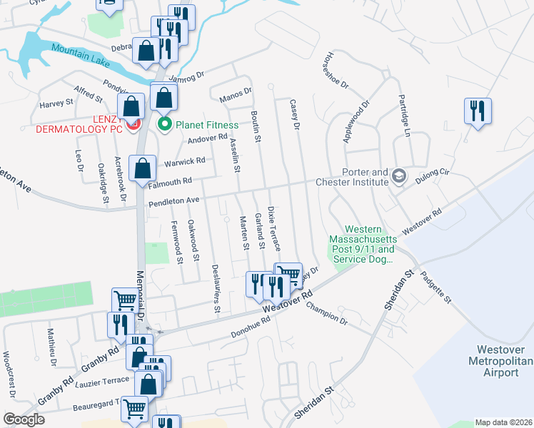 map of restaurants, bars, coffee shops, grocery stores, and more near 36 Dixie Terrace in Chicopee