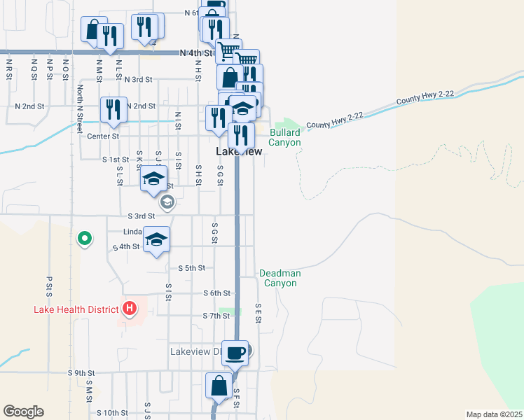 map of restaurants, bars, coffee shops, grocery stores, and more near 264 South E Street in Lakeview