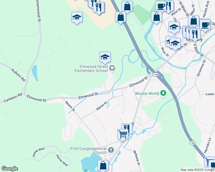 map of restaurants, bars, coffee shops, grocery stores, and more near 56 Elmwood Street in Millbury