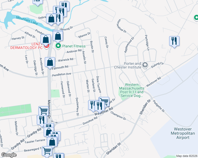 map of restaurants, bars, coffee shops, grocery stores, and more near 36 Dixie Terrace in Chicopee
