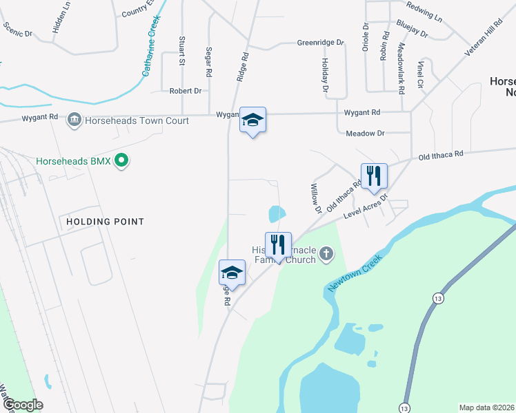 map of restaurants, bars, coffee shops, grocery stores, and more near 142 Ridge Circle in Horseheads