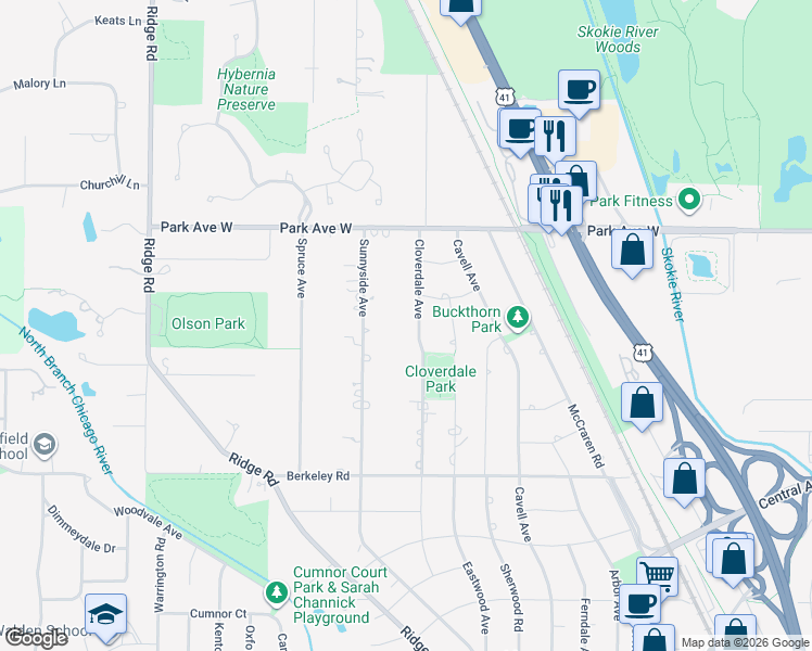 map of restaurants, bars, coffee shops, grocery stores, and more near 1820 Cloverdale Avenue in Highland Park