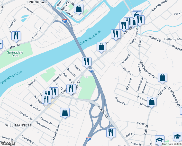map of restaurants, bars, coffee shops, grocery stores, and more near 61 Margaret Street in Chicopee