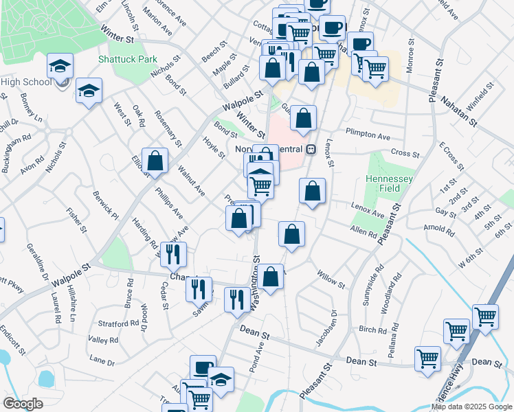 map of restaurants, bars, coffee shops, grocery stores, and more near 883 Washington Street in Norwood
