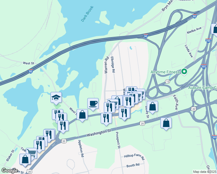 map of restaurants, bars, coffee shops, grocery stores, and more near 16 Warren Road in Auburn