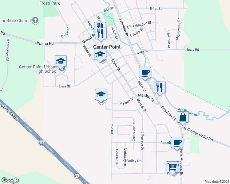 map of restaurants, bars, coffee shops, grocery stores, and more near 218 Palo Road in Center Point
