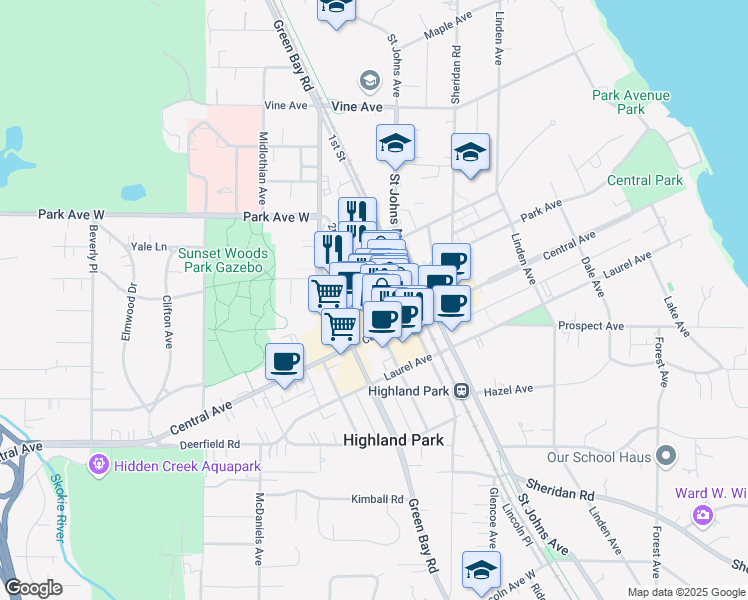 map of restaurants, bars, coffee shops, grocery stores, and more near 1843 2nd Street in Highland Park