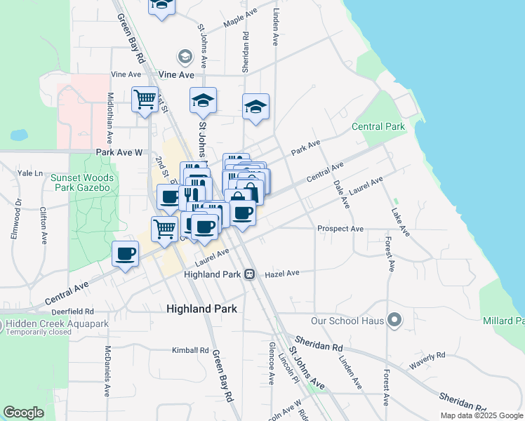 map of restaurants, bars, coffee shops, grocery stores, and more near 440 Central Avenue in Highland Park