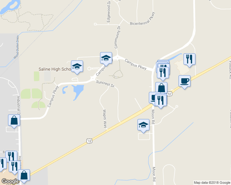 map of restaurants, bars, coffee shops, grocery stores, and more near 6982 Suncrest Drive in Saline