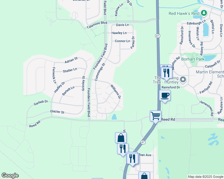 map of restaurants, bars, coffee shops, grocery stores, and more near 11908 Brunschon Lane in Huntley
