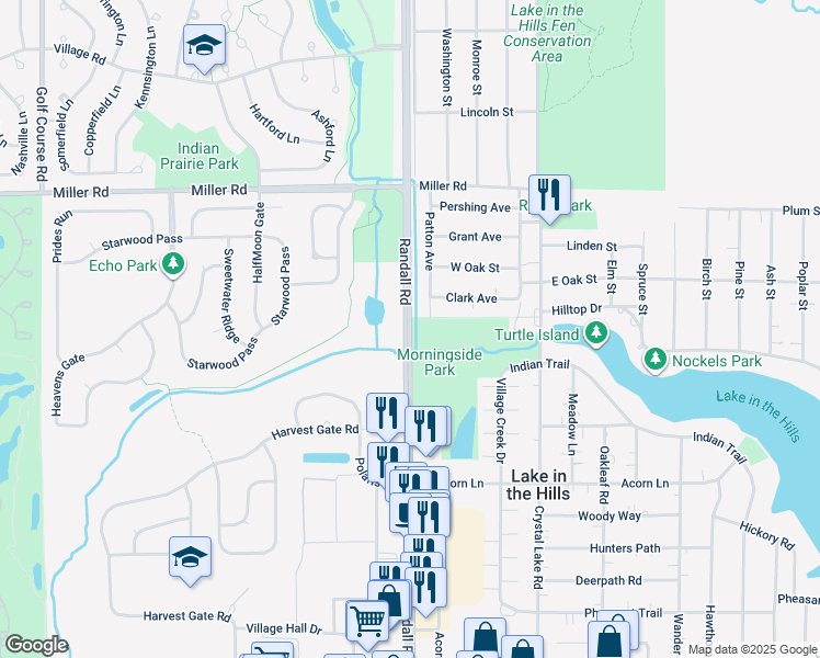 map of restaurants, bars, coffee shops, grocery stores, and more near 734 North Randall Road in Algonquin