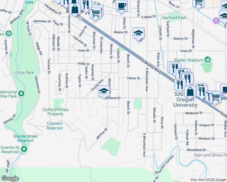 map of restaurants, bars, coffee shops, grocery stores, and more near 502 Morton Street in Ashland