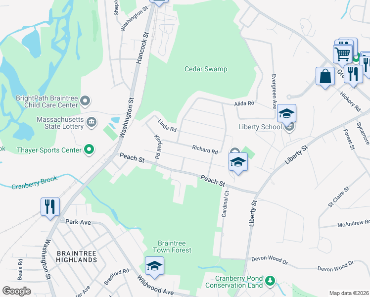 map of restaurants, bars, coffee shops, grocery stores, and more near 48 Celia Road in Braintree