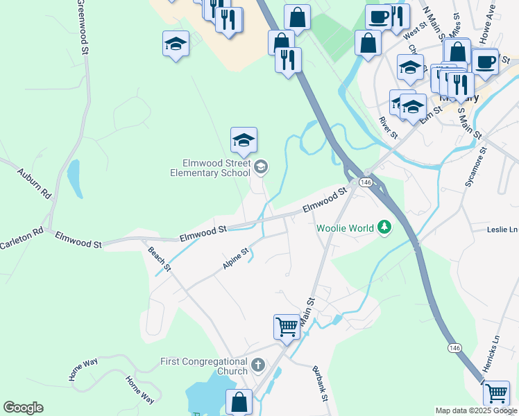 map of restaurants, bars, coffee shops, grocery stores, and more near 56 Elmwood Street in Millbury