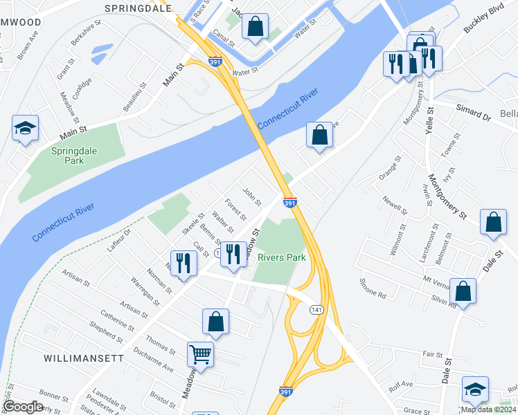 map of restaurants, bars, coffee shops, grocery stores, and more near 7 Meadow Street in Chicopee