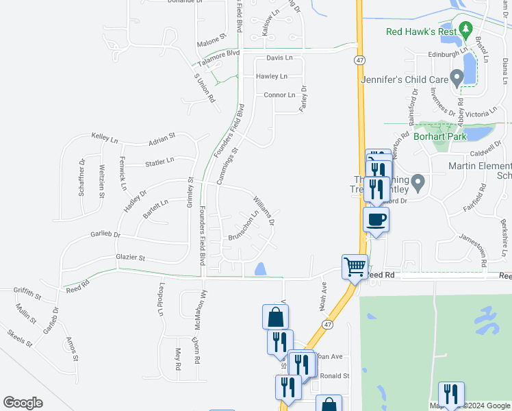 map of restaurants, bars, coffee shops, grocery stores, and more near 11916 Brunschon Lane in Huntley