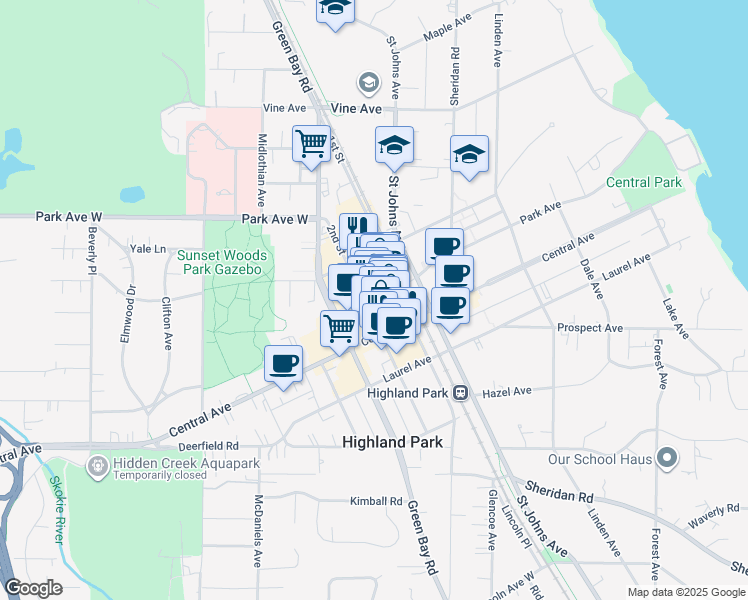 map of restaurants, bars, coffee shops, grocery stores, and more near 1849 2nd Street in Highland Park