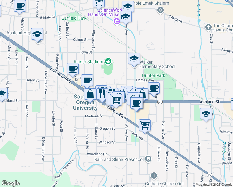 map of restaurants, bars, coffee shops, grocery stores, and more near 481 Stadium Street in Ashland