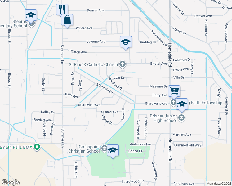 map of restaurants, bars, coffee shops, grocery stores, and more near 4813 Memorie Lane in Klamath Falls