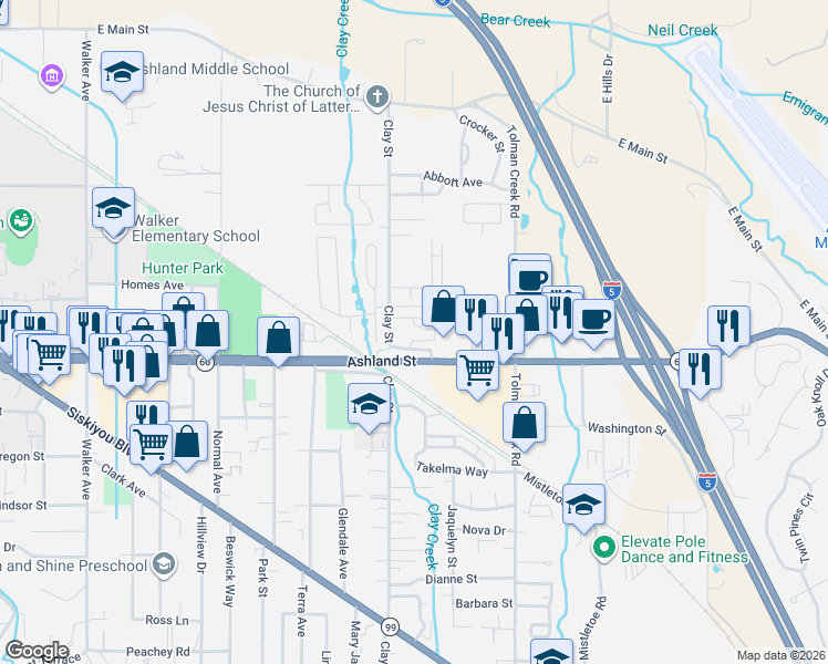 map of restaurants, bars, coffee shops, grocery stores, and more near 2130 Birchwood Lane in Ashland