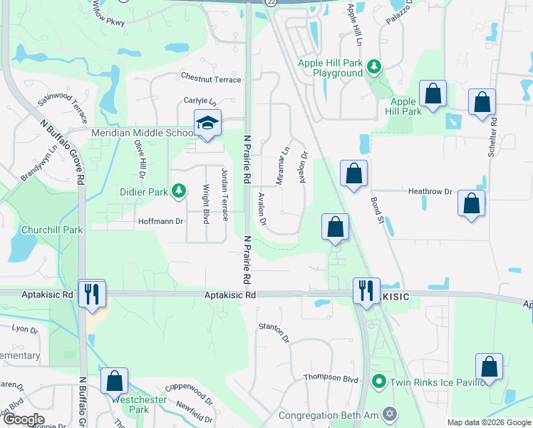 map of restaurants, bars, coffee shops, grocery stores, and more near 2255 Avalon Drive in Buffalo Grove
