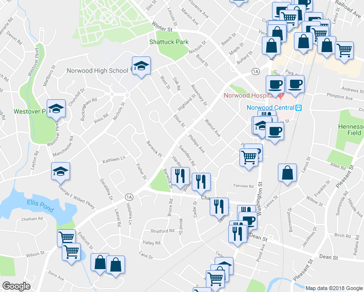 map of restaurants, bars, coffee shops, grocery stores, and more near 59 Saunders Road in Norwood