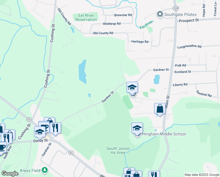 map of restaurants, bars, coffee shops, grocery stores, and more near 1 Kerri Lane in Hingham