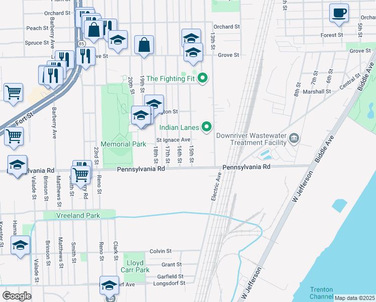 map of restaurants, bars, coffee shops, grocery stores, and more near 4666 15th Street in Wyandotte