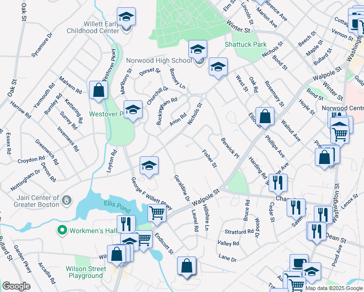 map of restaurants, bars, coffee shops, grocery stores, and more near 9 Jaybarry Lane in Norwood
