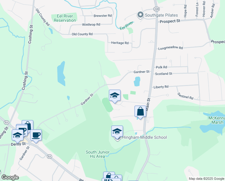 map of restaurants, bars, coffee shops, grocery stores, and more near 70 Gardner Street in Hingham