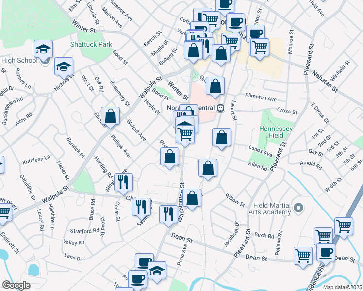 map of restaurants, bars, coffee shops, grocery stores, and more near 879 Washington Street in Norwood