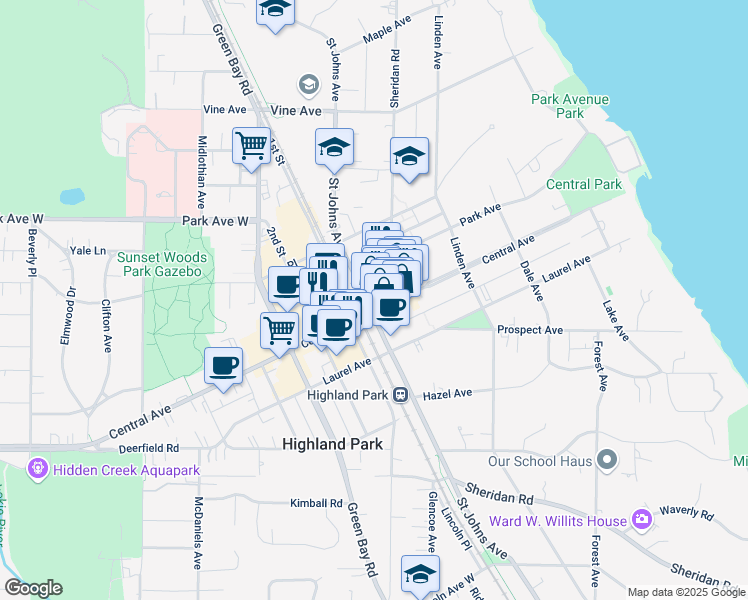 map of restaurants, bars, coffee shops, grocery stores, and more near 492 Central Avenue in Highland Park