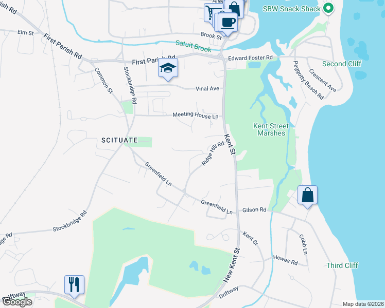 map of restaurants, bars, coffee shops, grocery stores, and more near 26 Ridge Hill Road in Scituate