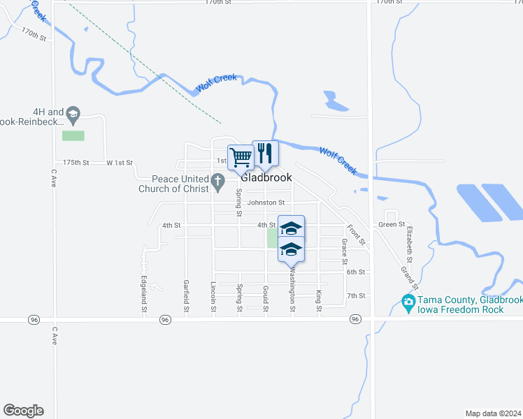 map of restaurants, bars, coffee shops, grocery stores, and more near 300-398 Gould Street in Gladbrook