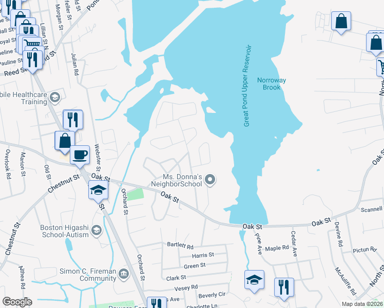 map of restaurants, bars, coffee shops, grocery stores, and more near 27 Pond Lane in Randolph