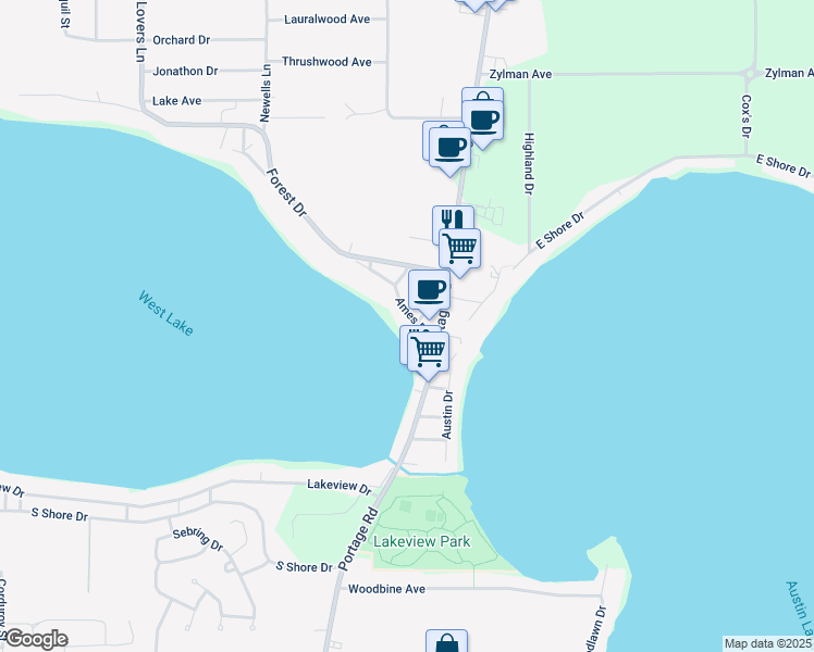 map of restaurants, bars, coffee shops, grocery stores, and more near 2138 Ames Drive in Portage
