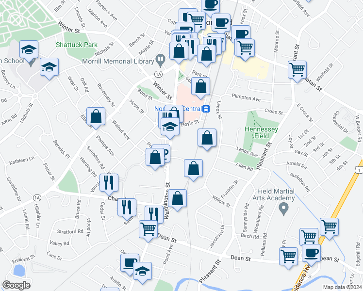 map of restaurants, bars, coffee shops, grocery stores, and more near 884-920 Washington Street in Norwood