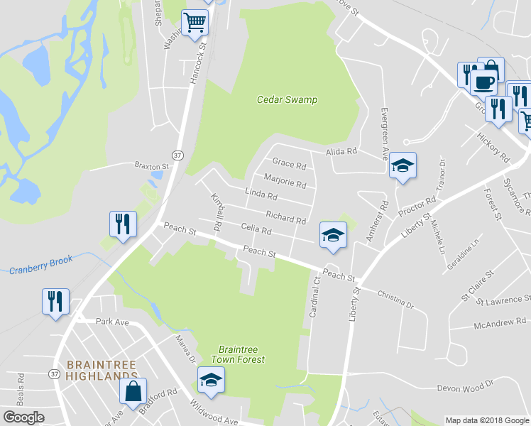 map of restaurants, bars, coffee shops, grocery stores, and more near 147 Richard Road in Braintree