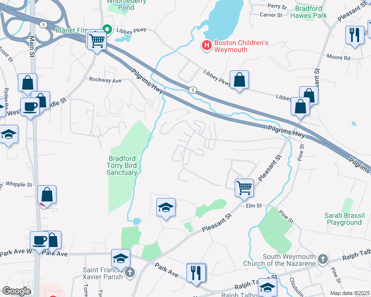map of restaurants, bars, coffee shops, grocery stores, and more near 151 Burkhall Street in Weymouth