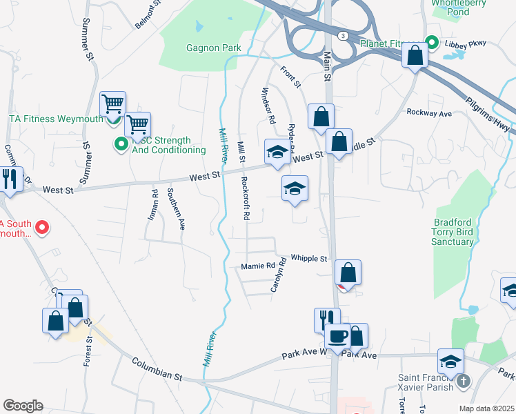 map of restaurants, bars, coffee shops, grocery stores, and more near 60 Rockcroft Road in Weymouth