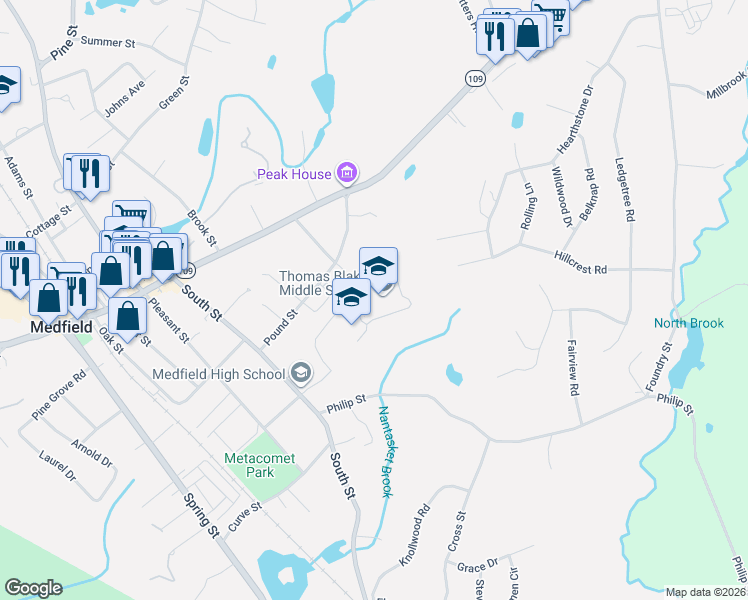 map of restaurants, bars, coffee shops, grocery stores, and more near 24 Pound Street in Medfield