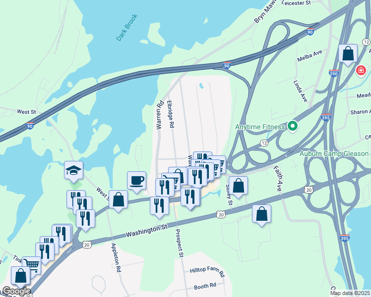 map of restaurants, bars, coffee shops, grocery stores, and more near 9 Sherman Avenue in Auburn