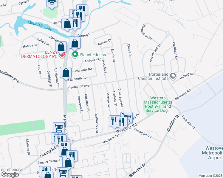 map of restaurants, bars, coffee shops, grocery stores, and more near 38 Marten Street in Chicopee
