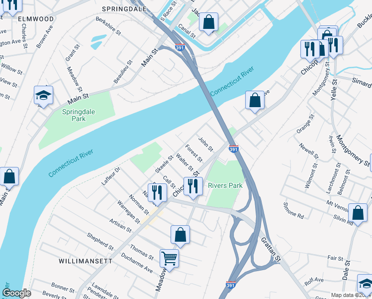 map of restaurants, bars, coffee shops, grocery stores, and more near 48 Walter Street in Chicopee