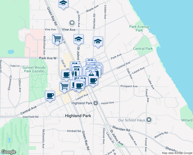 map of restaurants, bars, coffee shops, grocery stores, and more near 492 Central Avenue in Highland Park
