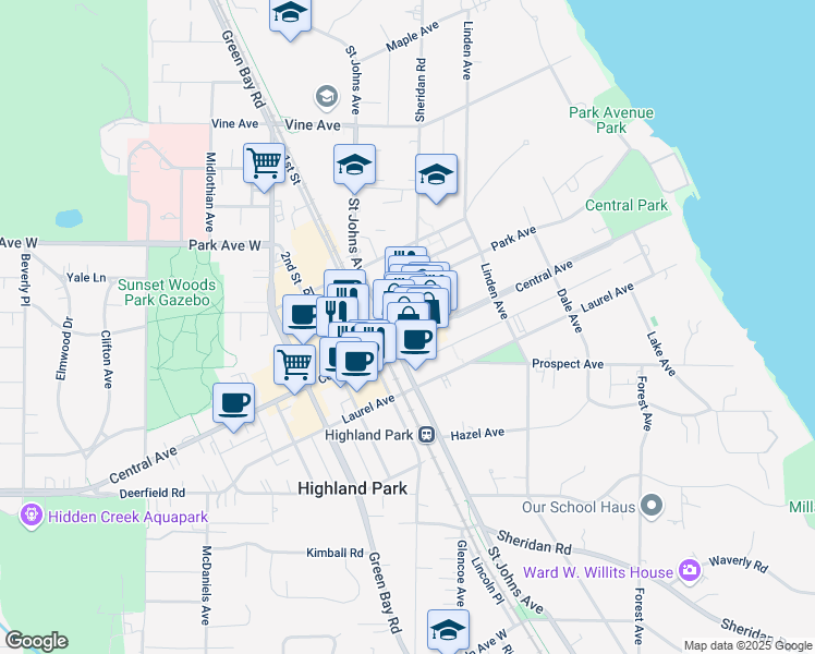 map of restaurants, bars, coffee shops, grocery stores, and more near 492 Central Avenue in Highland Park